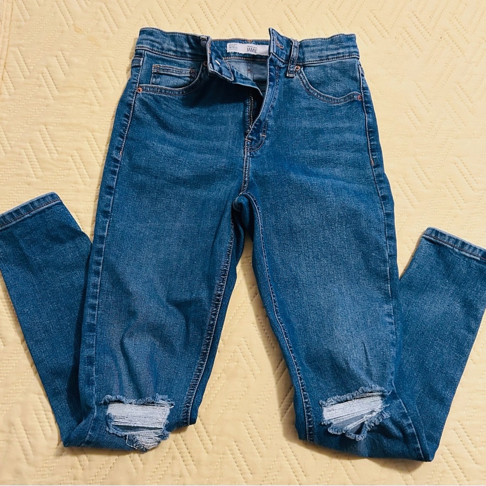 Topshop Distressed Blue Skinny Jeans